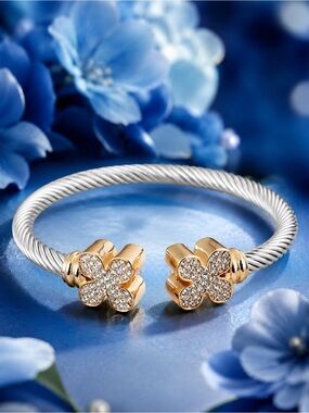 Gold and Silver Clover Crystal Open Bangle Bracelet - Women Jewelry